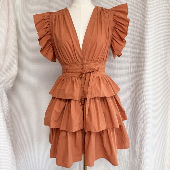 Ulla Johnson Dresses & Skirts - Ulla Johnson Tiered Ruffle Button Down Sena Mini Dress Sz 4 In Clay Terracota